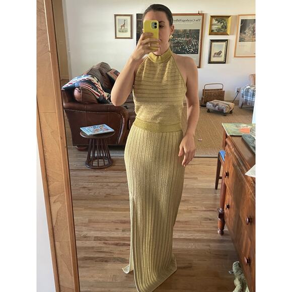 Herve Leger Dresses & Skirts - Herve Leger Gold Knit Halter Maxi Gown Size Large